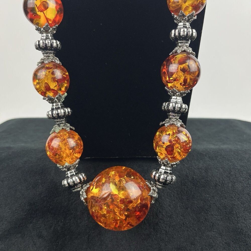 Chunky Boho Faux Amber Necklace silver tone Southwestern Artisan Statement Y2K